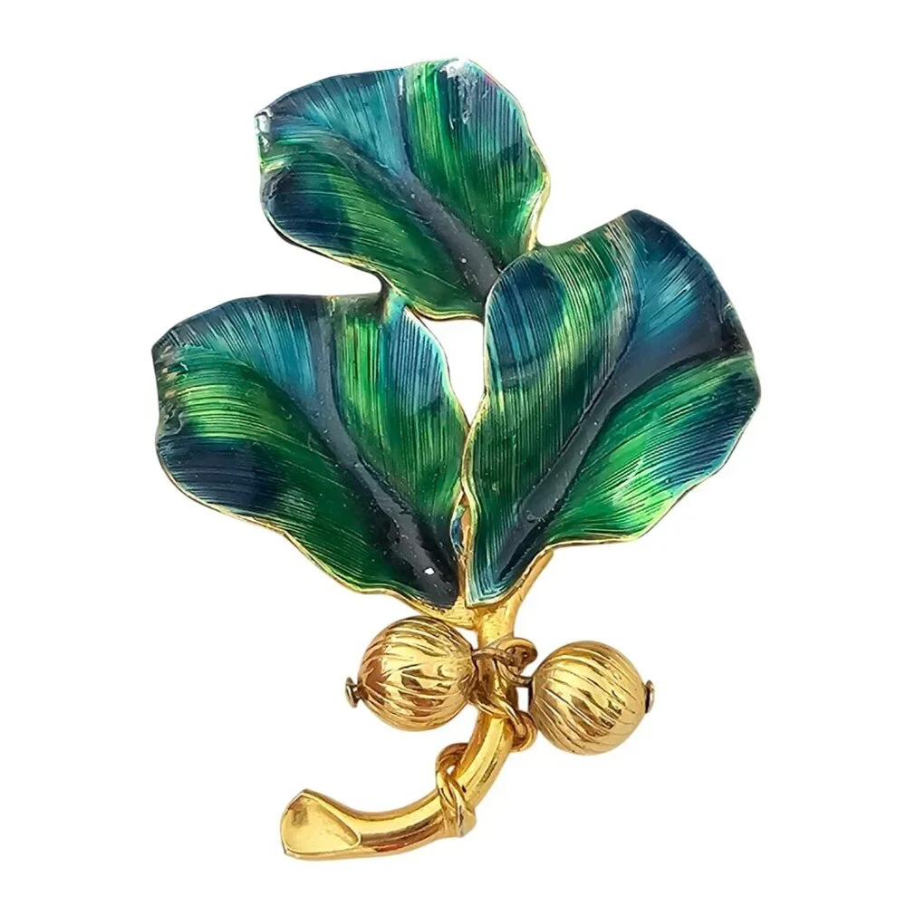 Blue Green Vintage Leaves Brooch Brass Bead Enamel Wired Leaf Pin J319